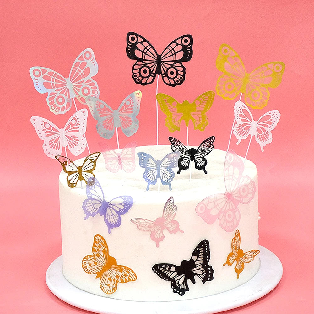 10 Pcs/Pack PVC 3D Butterfly Cupcake Toppers Cake Topper Decoration Set for Happy Birthday Wedding Party Cupcake Decoration