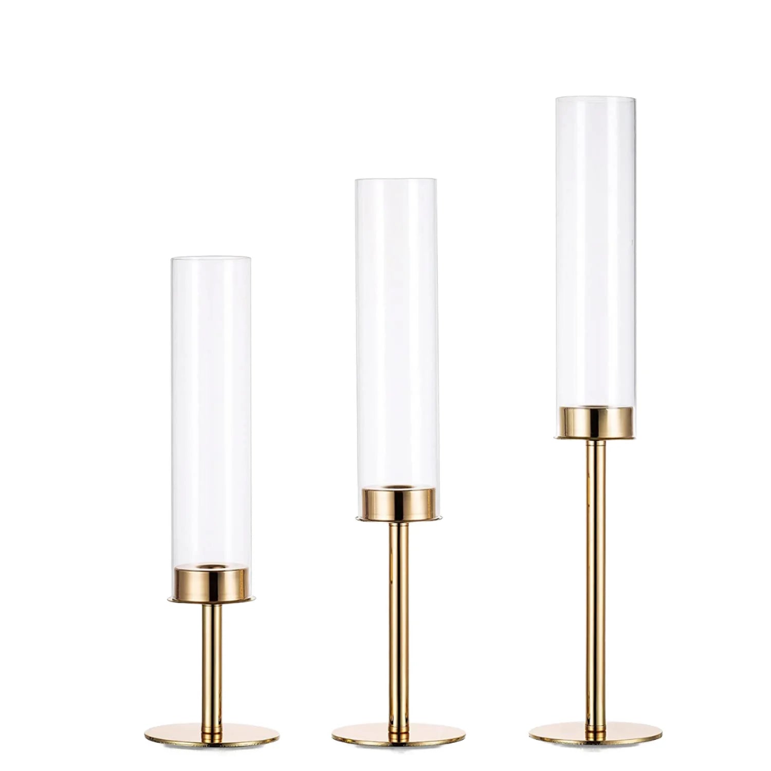 Tall Gold Cylinder Candlestick Holder with Glass Cover and Taper Candle Stand for Wedding and Valentine's Day Table Decor