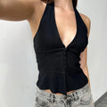 Enyami Women'S Cotton Linen Buckle Front Tie Back Linen Cotton Fitted Good Knit Vest Top Suit Vest Textured Halter Crop Tops