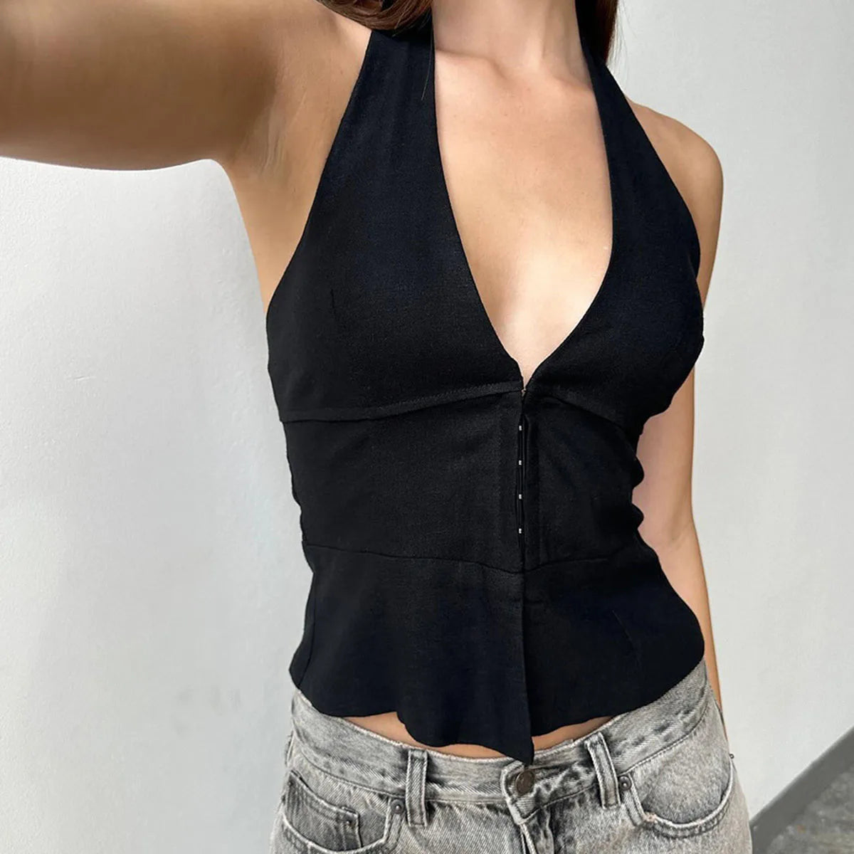 Enyami Women'S Cotton Linen Buckle Front Tie Back Linen Cotton Fitted Good Knit Vest Top Suit Vest Textured Halter Crop Tops