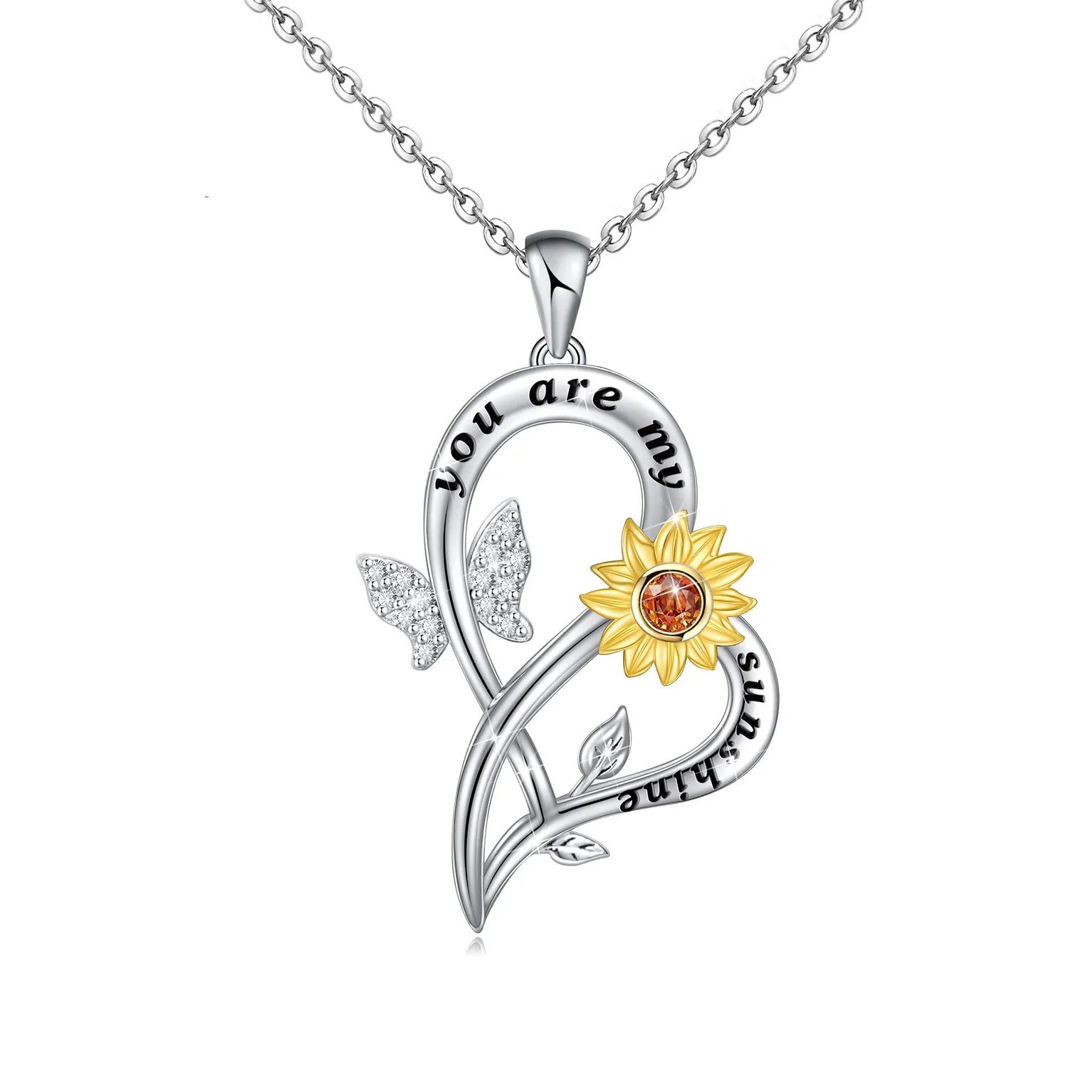 Young Me Silver Plated Heart-shaped Zircon Sunflower Necklace with Trendy Butterfly Pendant Third Party Certified Accessories