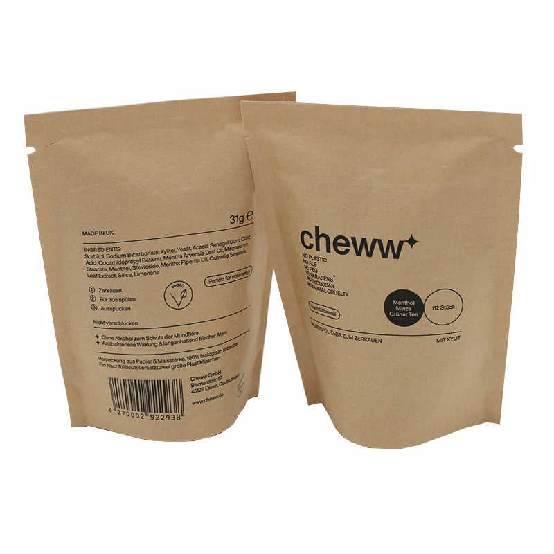 Free Sample Eco-Friendly Biodegradable Brown Kraft Paper Bag Moisture-Proof Stand Ziplock Pouch for Food Gavage Printing Surface