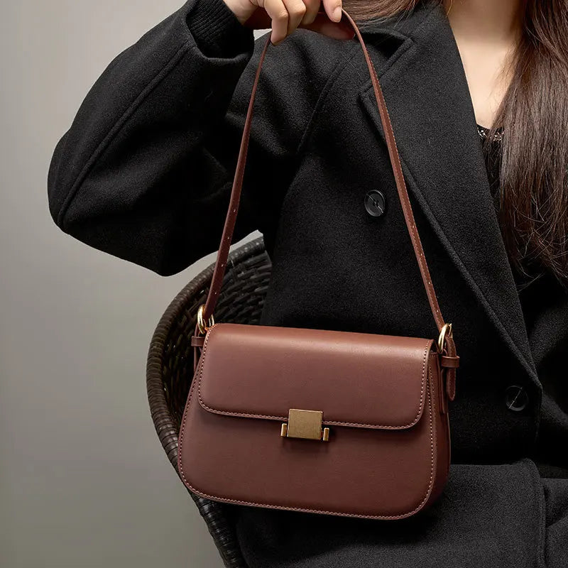 French Style Vintage Saddle Bag for Women Genuine Leather Shoulder Handbag Luxury Structured Crossbody Bag Small Square Purse
