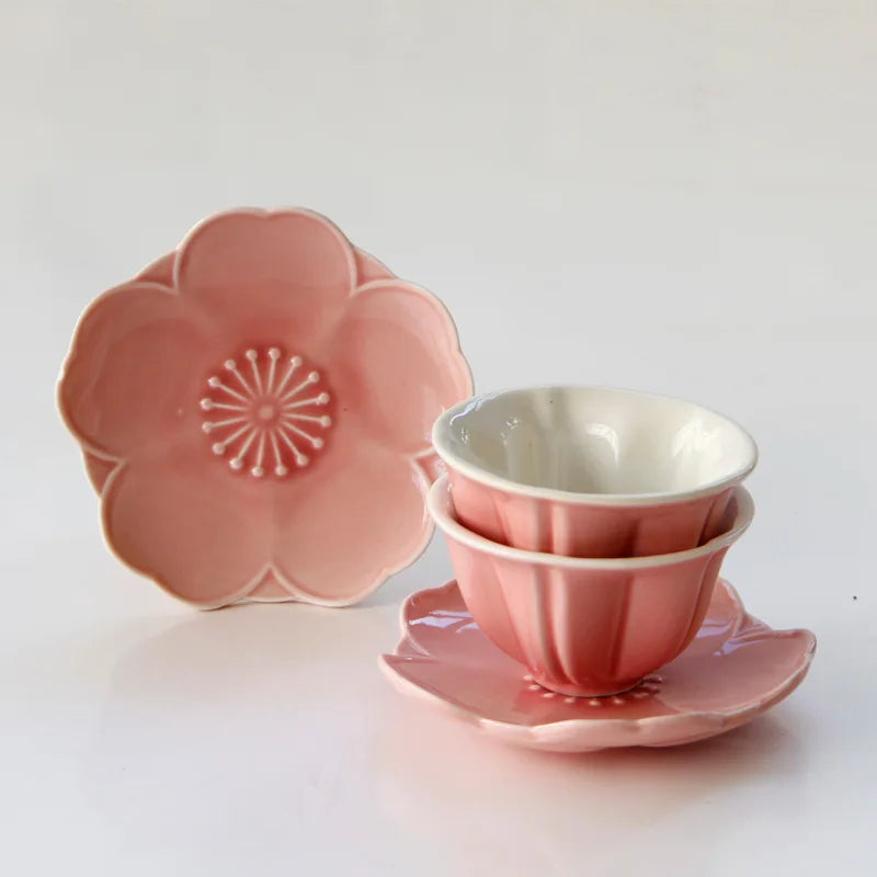 Pink Sakura Cherry Blossom Shaped Porcelain Flower Coffee Cup Saucer Set for Women's Afternoon Tea Customizable Color Logo