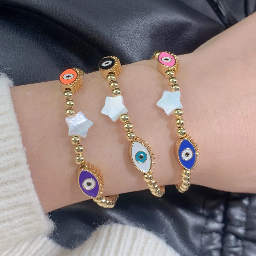 Simple Star Evil Eye Diy Beads Bracelets for Women Mother of Pearl Shell Enamel Hand Made Fashion Female Jewelry