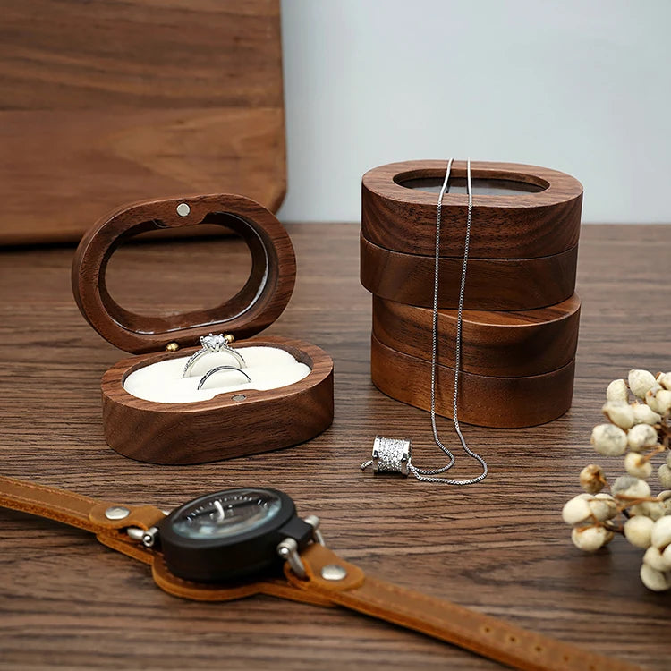 K174 Wholesale Custom Logo Wooden Double Ring Packaging Box Wedding Engagement Proposal Storage Case Walnut Wood Jewelry Boxes