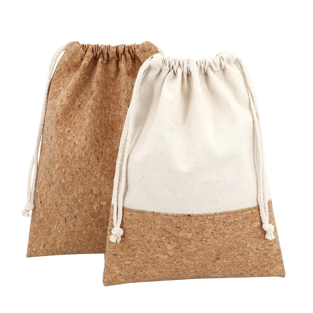 Custom Print Logo PU Cork Drawstring Bag Large Capacity Eco Friendly Pure Cork Leather Drawstring Pouch