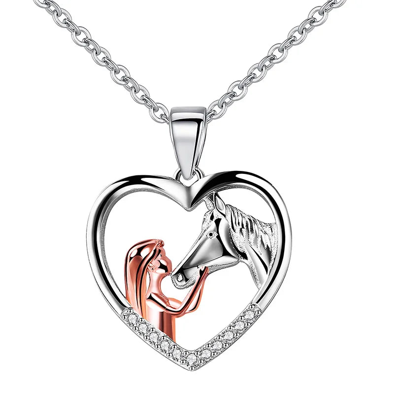 925 Sterling Silver Lovely Animal Heart Horse and Girls Pendant Necklace Gift Jewelry Accessories Double Color Horse Necklace