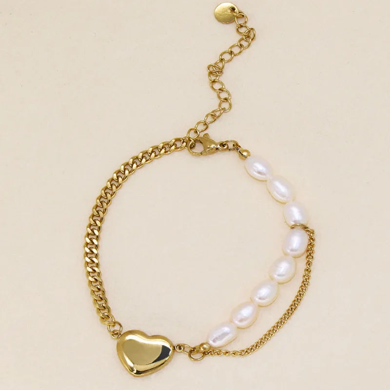 Unique New Design Freshs Weetwater Pearl Bead Heart Charm Stainless Steel Chain Bracelet Jewelry for Women and Menwholesale
