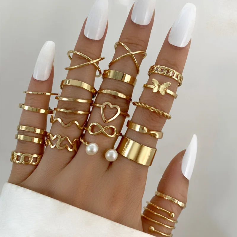 Hainon Creative Simple Temperament Women's Ring Set Geometric Style Various Shape Set Rings