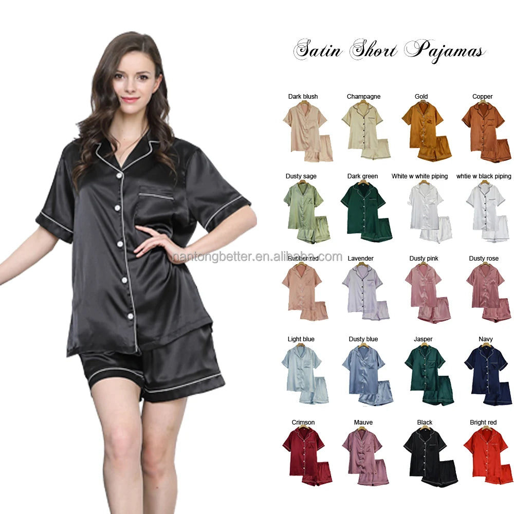 Hot Sale Summer Women's Short Sleeve With Shorts Turn Down Collar Two Piece Set Silk Satin Pajamas