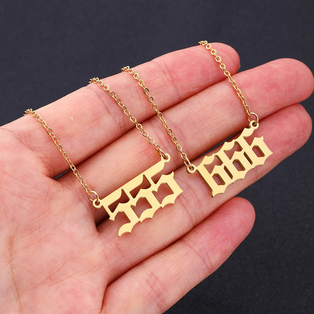 Stainless Steel Old English Lucky Numerology Gothic Font 111 222 333 Pendant Angel Number Necklace