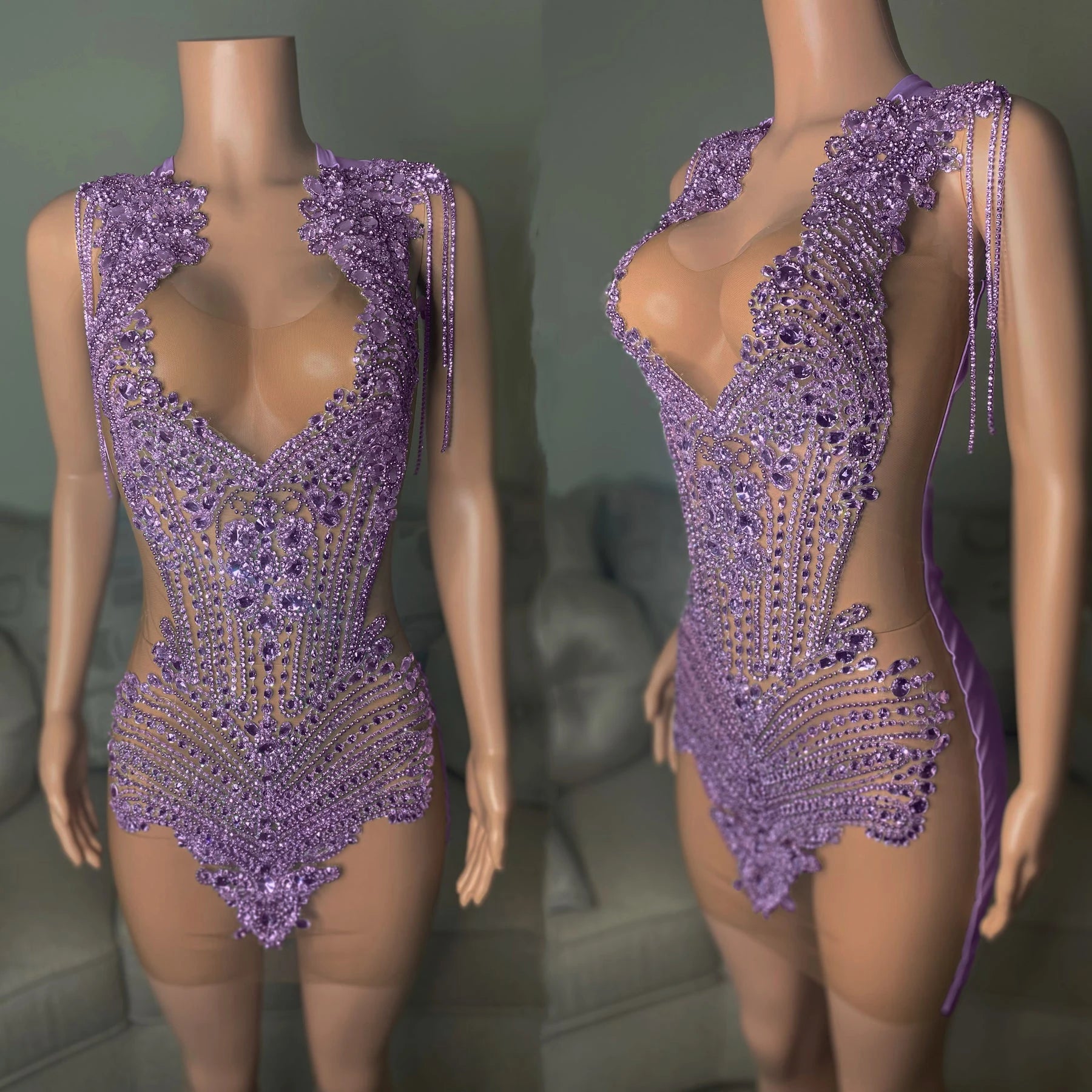 Ocstrade Drop Shipping Rhinestone Chain Light Purple Mash Birthday Dress Crystal Diamond Hollow Out Shiny Party Mini Club Dress