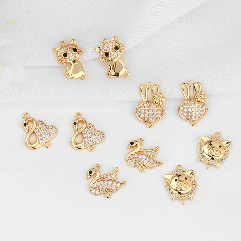 Wholesale 14K Gold Plated CZ Animal Diy Jewelry Making Accessories Cute Swan Rabbit Cat Piglet Brass Cute Connector Charms