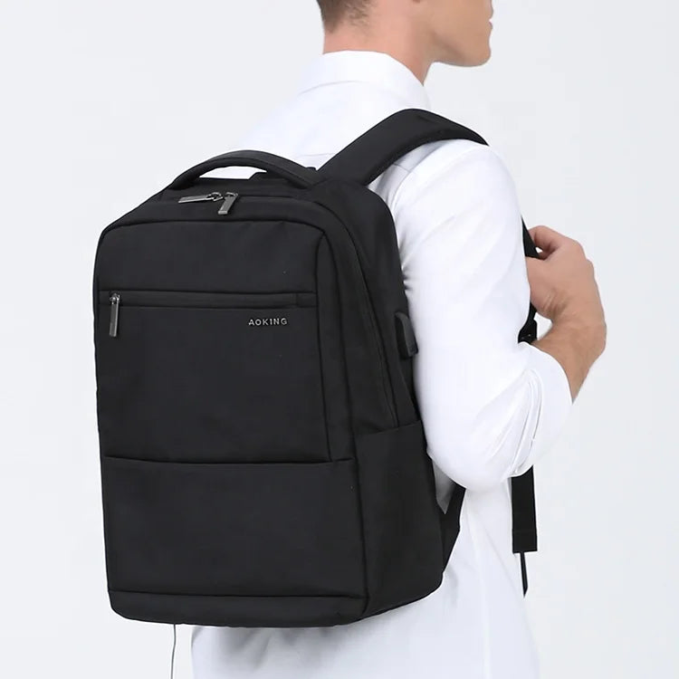 National Style Waterproof Unisex Laptop Backpack with USB Port Zipper Closure Black Color 20-39L Capacity Polyester