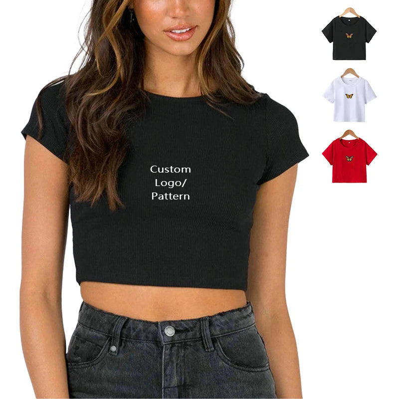 Women's Basic Slim Cotton T-Shirt Custom Logo Printed White Basic Crop Top Breathable Summer Casual Inner Wear Leopard Button