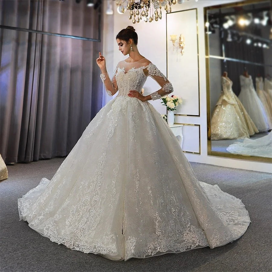 Jancember NS3760 Lace White Princess Appliqued Flower Bridal Illusion Wedding Dress for Women