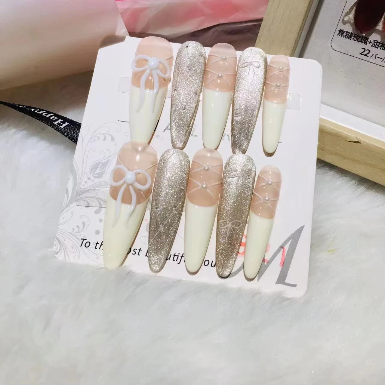 3D Bowknot Pearl Long Almond Stiletto Design Handmade High ABS French Style Press Nails Artificial Wholesale False Nail Tip