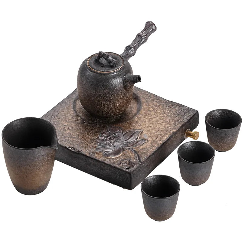 Japanese Gilding Iron Glaze Complete Set Porcelain Kung Fu Tea Set Bamboo Joint Side Handle Pot Dry Pour Small Set