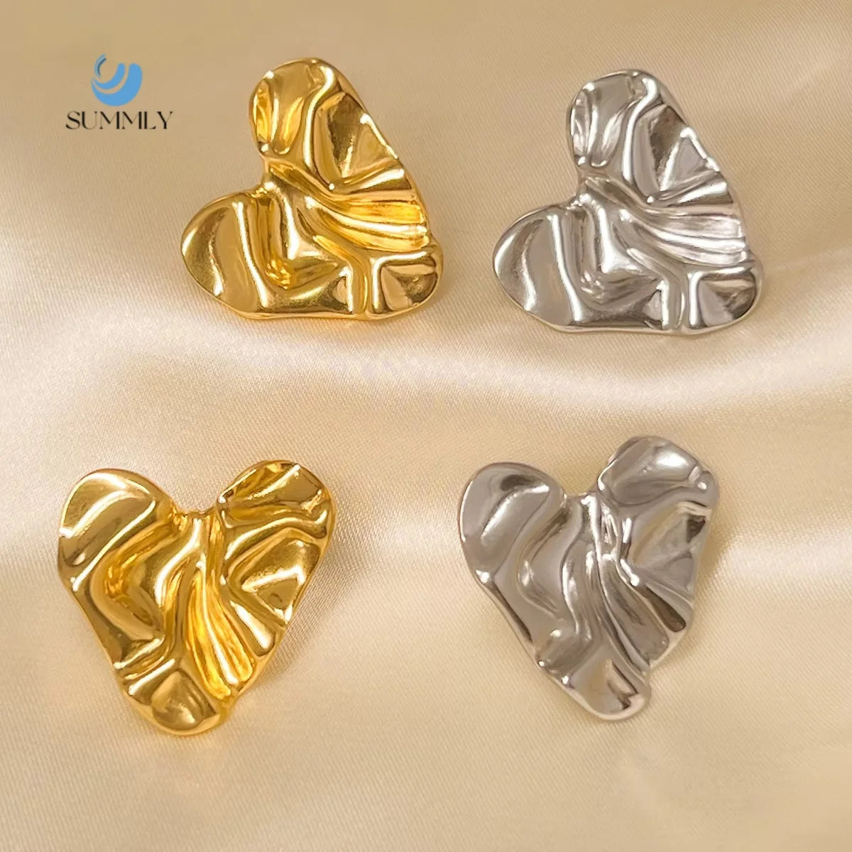 SUMMLY Vintage Wholesale Personalized Heart Irregular Texture Light Luxury 18K Gold Plated Stainless Steel Earrings