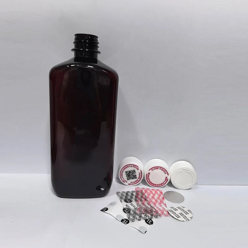 16 oz Oval Oblong Empty Amber Liquid Medicine Pharmacy Plastic Bottles with Red Writing CRC Caps and Foil Seal
