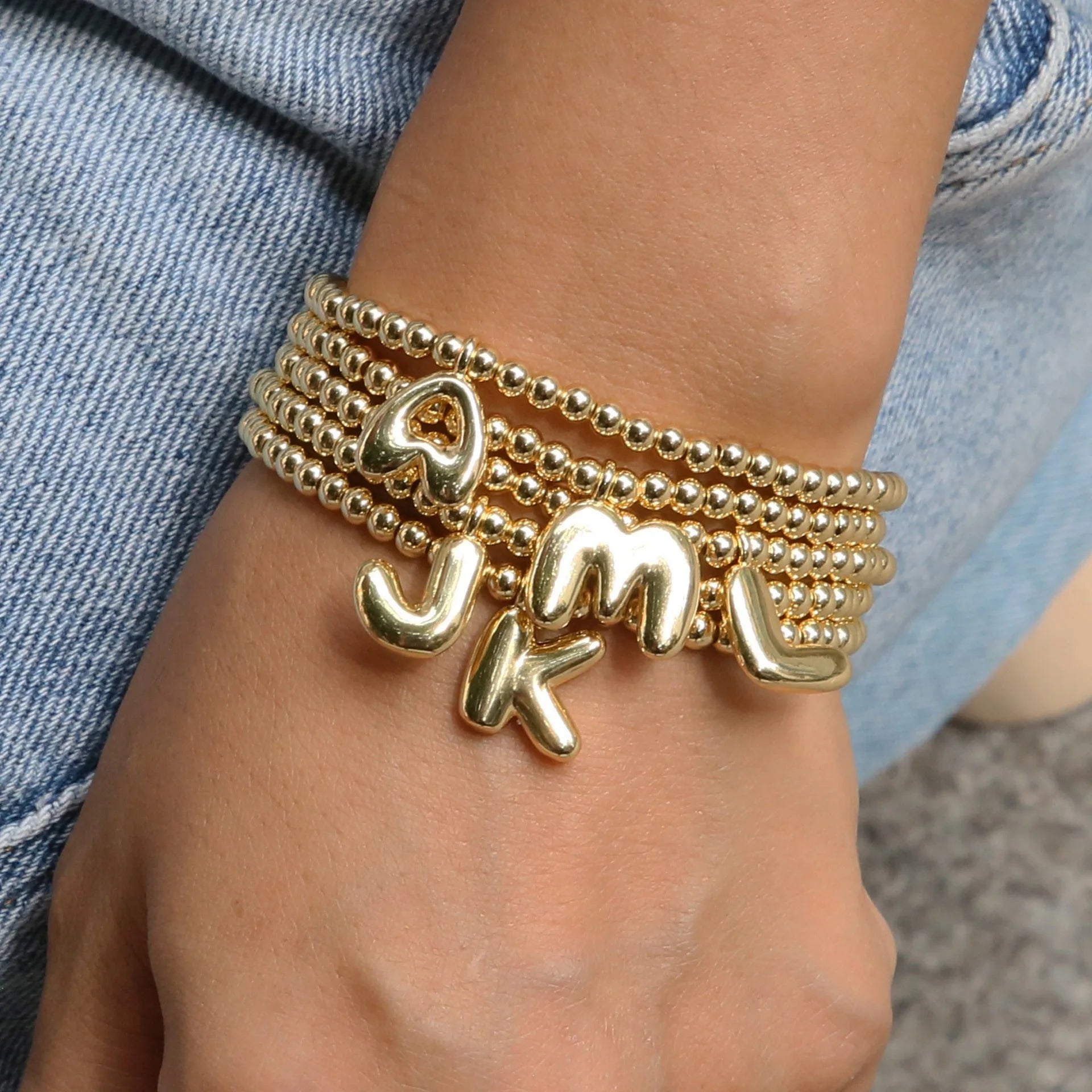New Arrival Special 18K Gold Bracelet Gifts Customized Initials 26 Letters Charms 4mm Gold Beads Bracelet Elastic Couple Jewelry