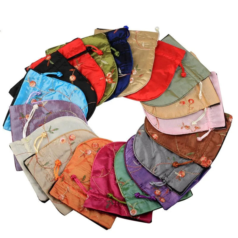 11x13cm round Eco-Friendly Drawstring Jewelry Pouch Flower and Fruit Embroidered Wedding Christmas Chinese Style Bag for Gifts