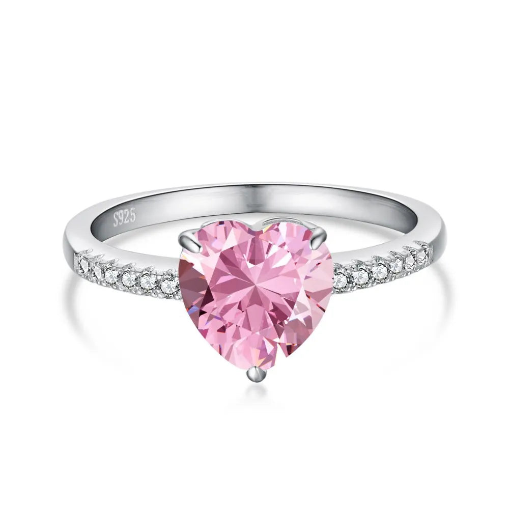 2022 Hot Sale Engagement Wedding Jewelry Temperament Sterling Silver Ring Classic Pink Heart Zircon Ring for Women Girls