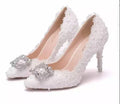 White Ankle Strap Party Dress High Heels Rhinestone Decoration Bride Party Women Pumps White Lace Wedding Shoes MS134