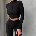 Autumn Solid Two Piece Set Women's Outfits Half High Collar Long Sleeve Short Crop Top+Skinny Leggings Casual Sporty Breathable