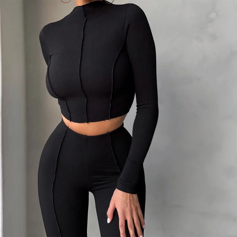 Autumn Solid Two Piece Set Women's Outfits Half High Collar Long Sleeve Short Crop Top+Skinny Leggings Casual Sporty Breathable