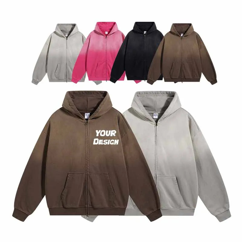 Autumn and Winter Spray-dye Do Old Zipper Sweater Washed Vintage Cardigan Men's Jacket Custom Zip up Hoodie