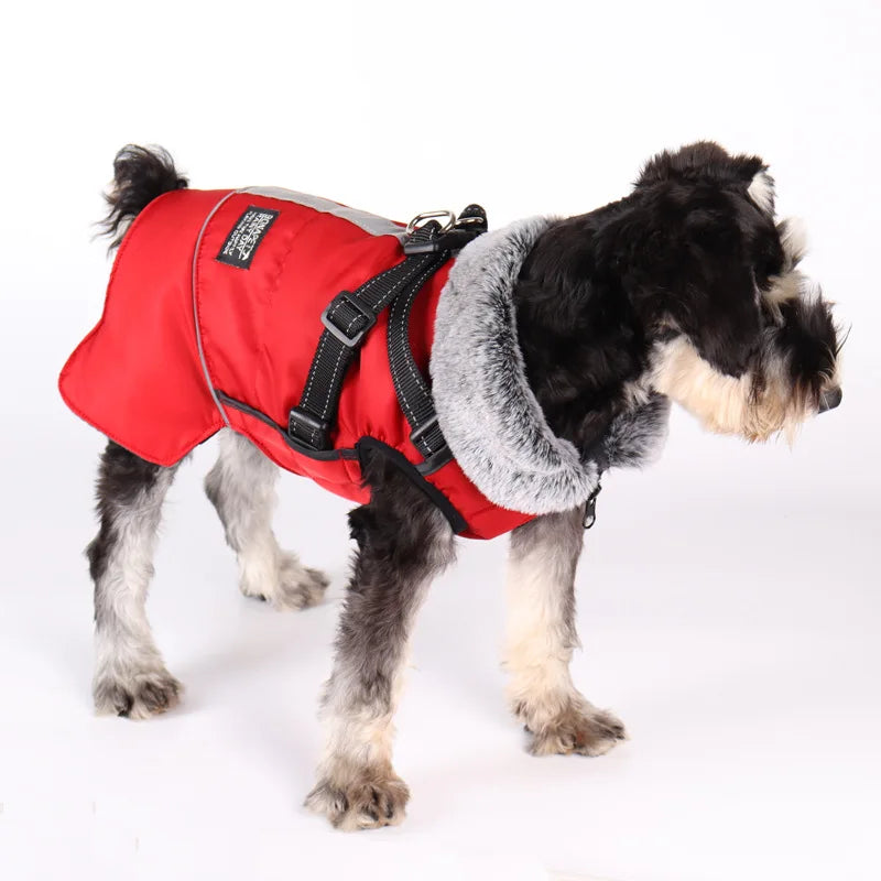 Large Dog Jacket Fur Reflective Winter Clothes for Pets Waterproof Big/Medium Dog Coat With Removable Warm Puppy Harness Outfit