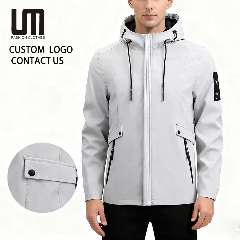 OEM ODM Autumn Winter Men's Plus Size Windbreaker Outerwear with Hood Custom Logo on Front Wholesale Jackets Coat
