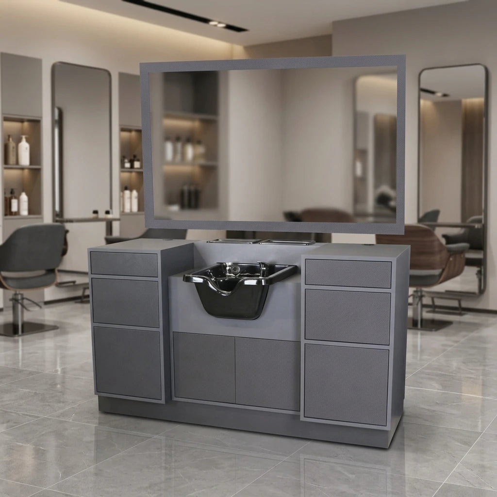 Grey Wood Barber Station Classic Cabinet Barber Station Luxury Style Barber Station With Sink