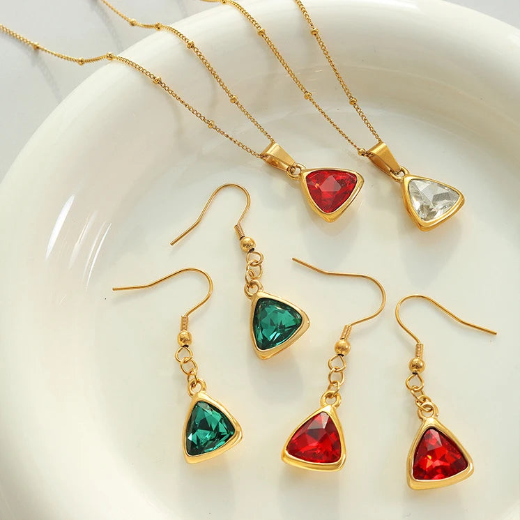 Romantic Dreamy Gentle Style Trendy Brilliant Zircon Triangle Pendant Necklace Earrings Stainless Steel 14K Gold Plated Women