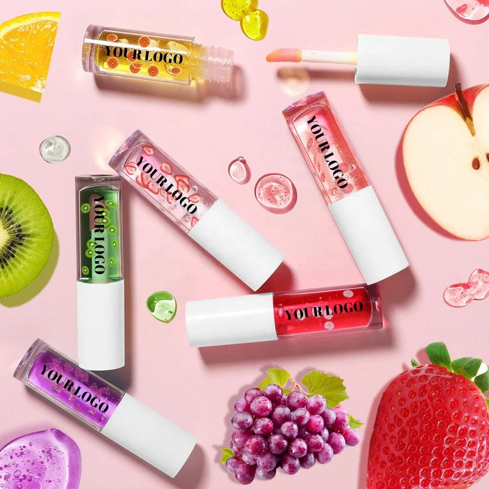 Private Label Fruit Lip Oil Wholesale Vegan Fruit Cosmetics Transparent Plumping Lip Oil Makeup