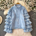 Fashionable Pleated Layered Flared Sleeve Design  Lapel Single Breasted Shirt Women's New Loose and Versatile Temperament Top