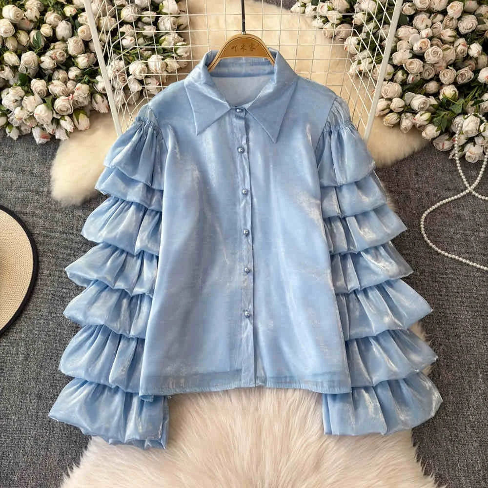Fashionable Pleated Layered Flared Sleeve Design  Lapel Single Breasted Shirt Women's New Loose and Versatile Temperament Top
