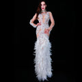 Classy White Rhinestone Feather Ball Gowns Long Bodycon Sequin Cocktail Club Dress Women Slim Wedding Guest Party Evening Dress