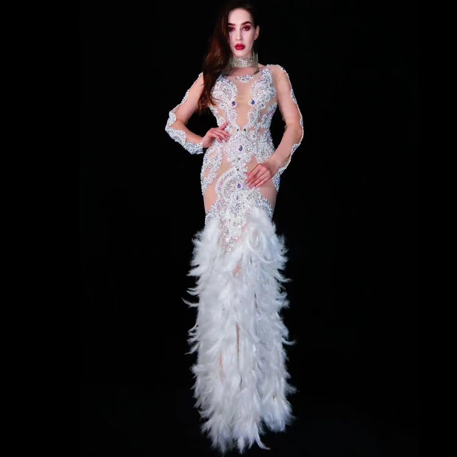 Classy White Rhinestone Feather Ball Gowns Long Bodycon Sequin Cocktail Club Dress Women Slim Wedding Guest Party Evening Dress