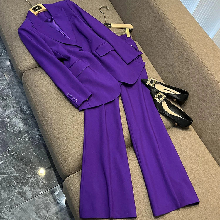 Vivid Elegant Purple Lady Office Basic Solid Suit Single Button Slim Fitted Blazer Loose Flared Pants Women 2Pcs