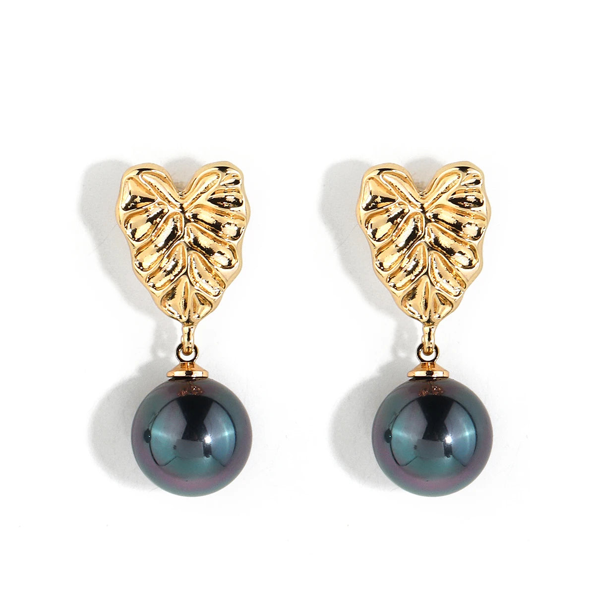 Hawaiian Gold Plating Jewelry Monstera Leaf Big Black Pearl Stud Earrings for Women Stock Wholesale
