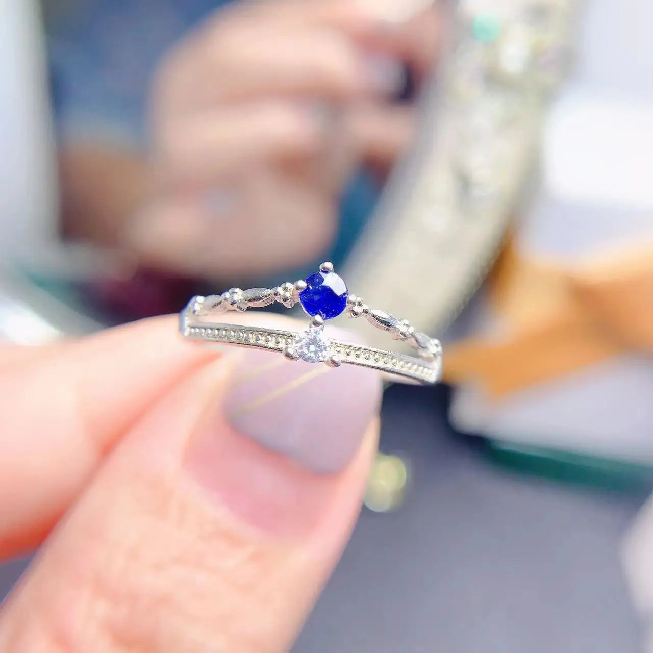 Custom 925 Sterling Silver Platinum Natural Sapphire Engagement Rings for Women Geometric Opal Ring Rhodium Setting Jewelry