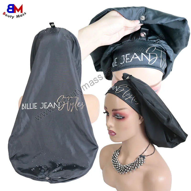 Customize Double Layer Long Shower Cap Satin Lined Waterproof Hair Bonnets with Custom Logo and Snap Button Bonnet