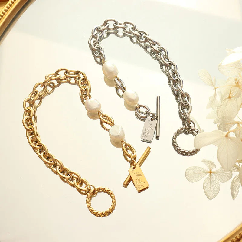 OT Buckle Clasps Freshwater Pearl Stainless Steel Gold Plated Bracelet with baguette Letter Pulsera De Acero Inoxidable
