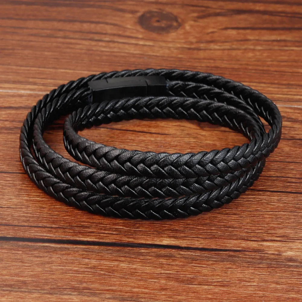 Personalized Trend Stainless Steel Leather Rope Bracelets Multilayer Magnetic Buckle Bracelets High-quality Hip Hop Jewellery