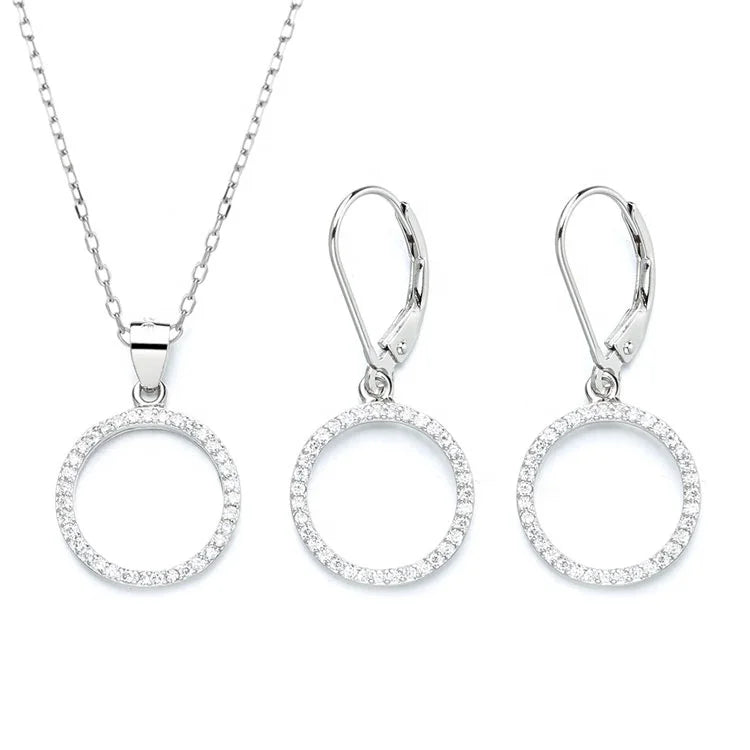 925 Real Silver Round Shape Dangle Earrings and Necklace Jewelry Set for Women