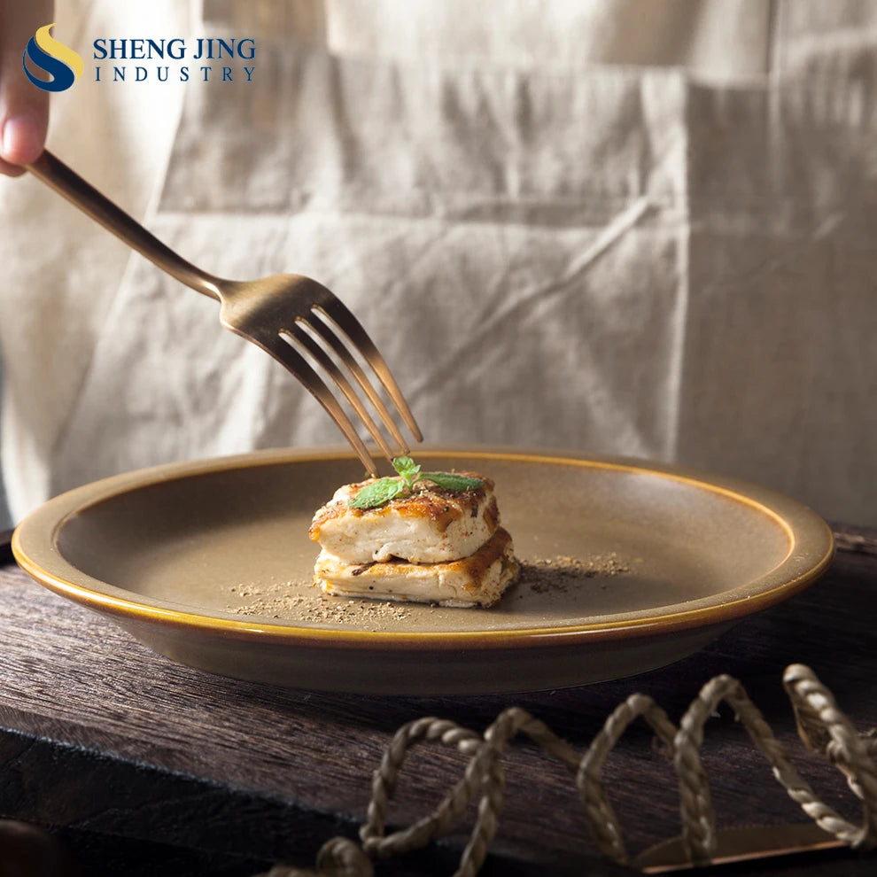 Modern 20cm Round Ceramic Plate Quality Brown Tableware From Guangzhou Sustainable Korean Serving Dishes Kiln Technique