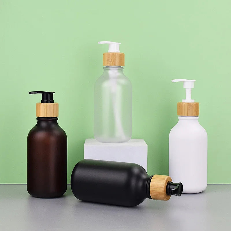 Matte Black 300ml PET Plastic Hotel Hair Shampoo Bottle with Wooden Color Pump Minimum Order Quantity 100pcs